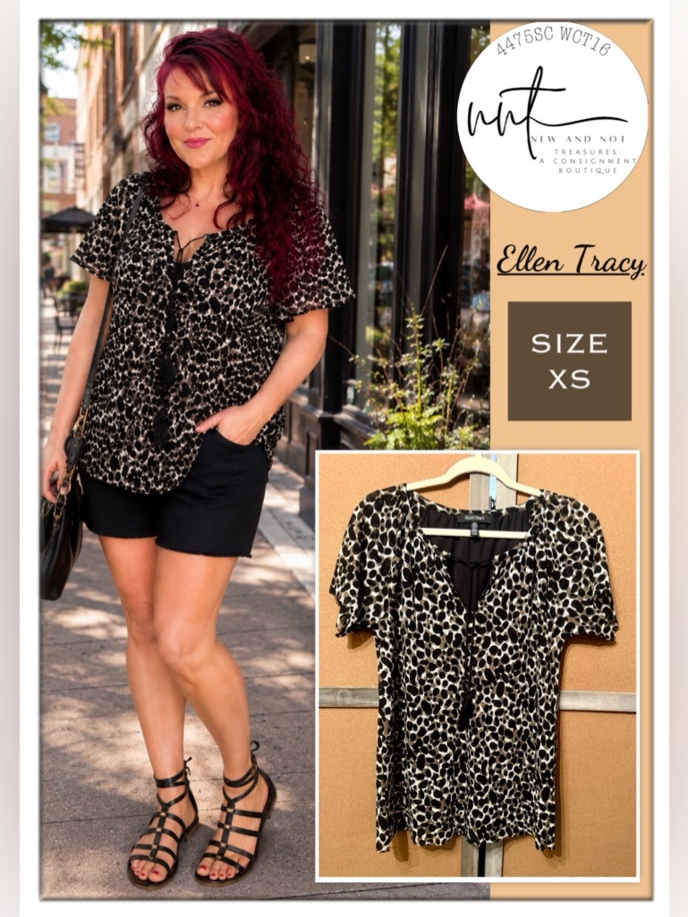 Ellen Tracy XS Animal Print Tassel Tie Blouse Short Sleeve Lightweight Top